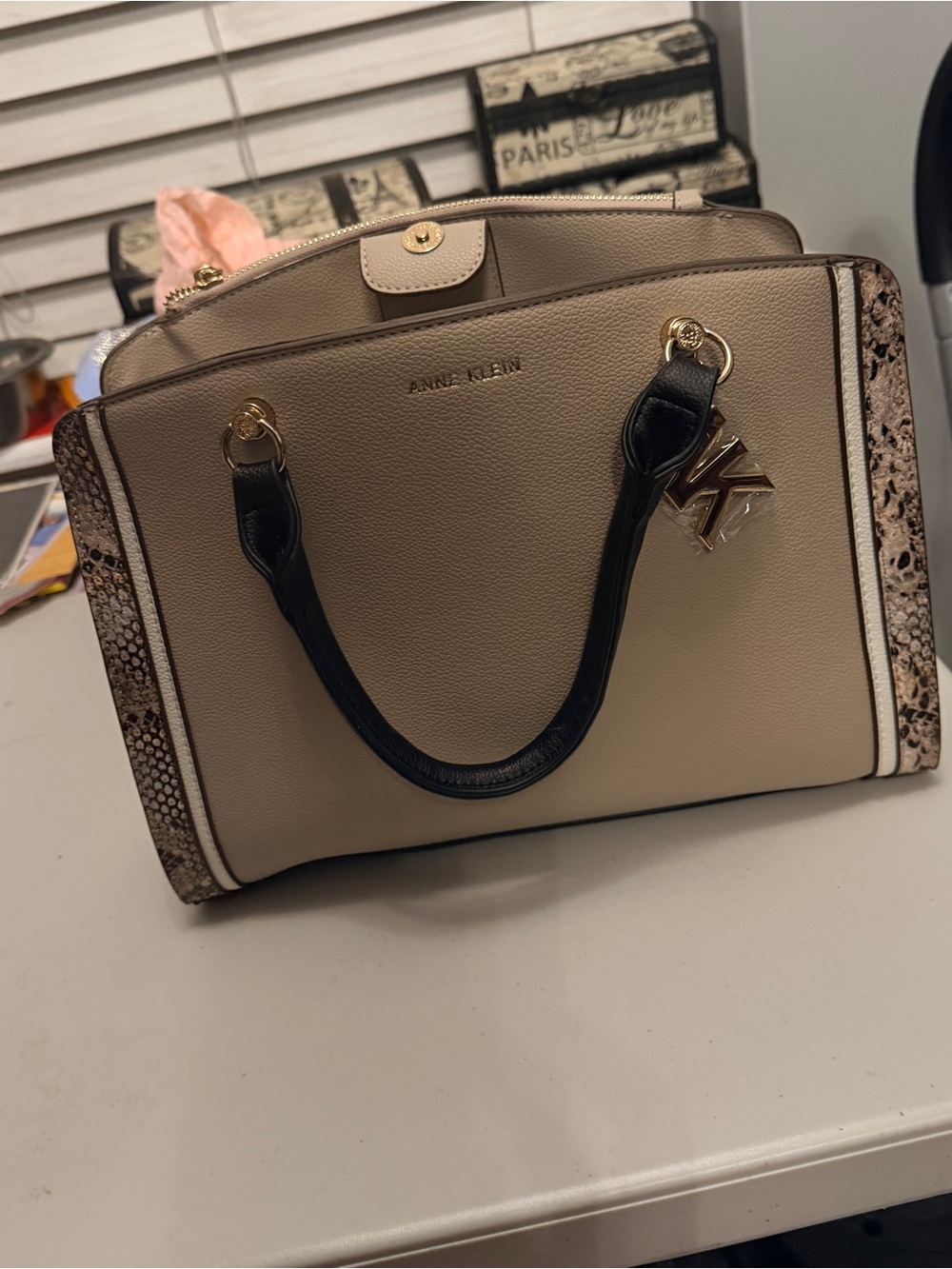 Anne Klein Taupe Satchel with Black Handles and Snake-Print Trim